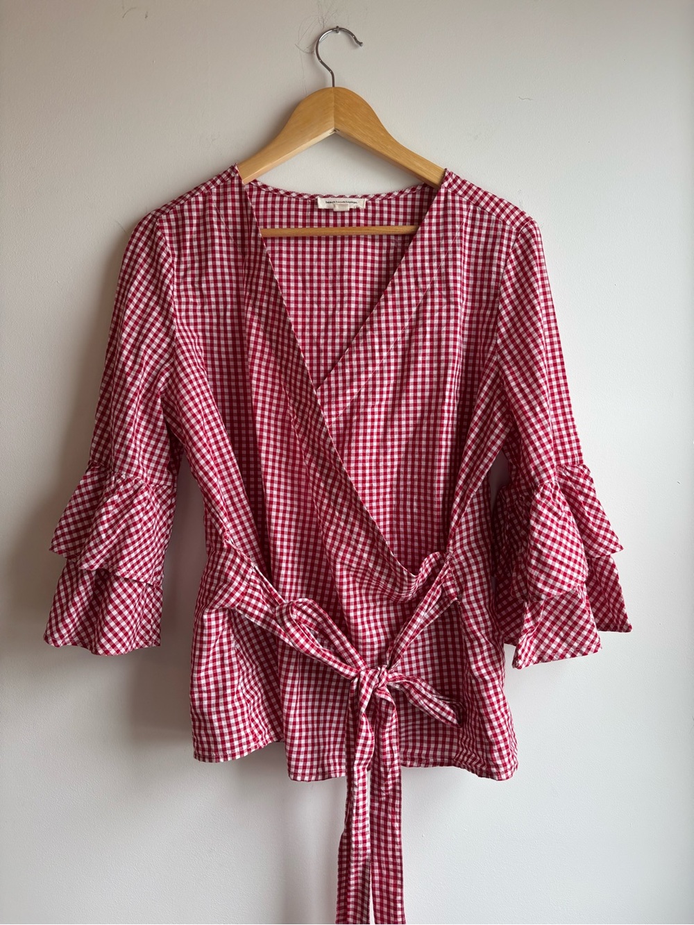 beachlunchlounge Red Gingham Wrap Blouse with Ruffle Sleeves